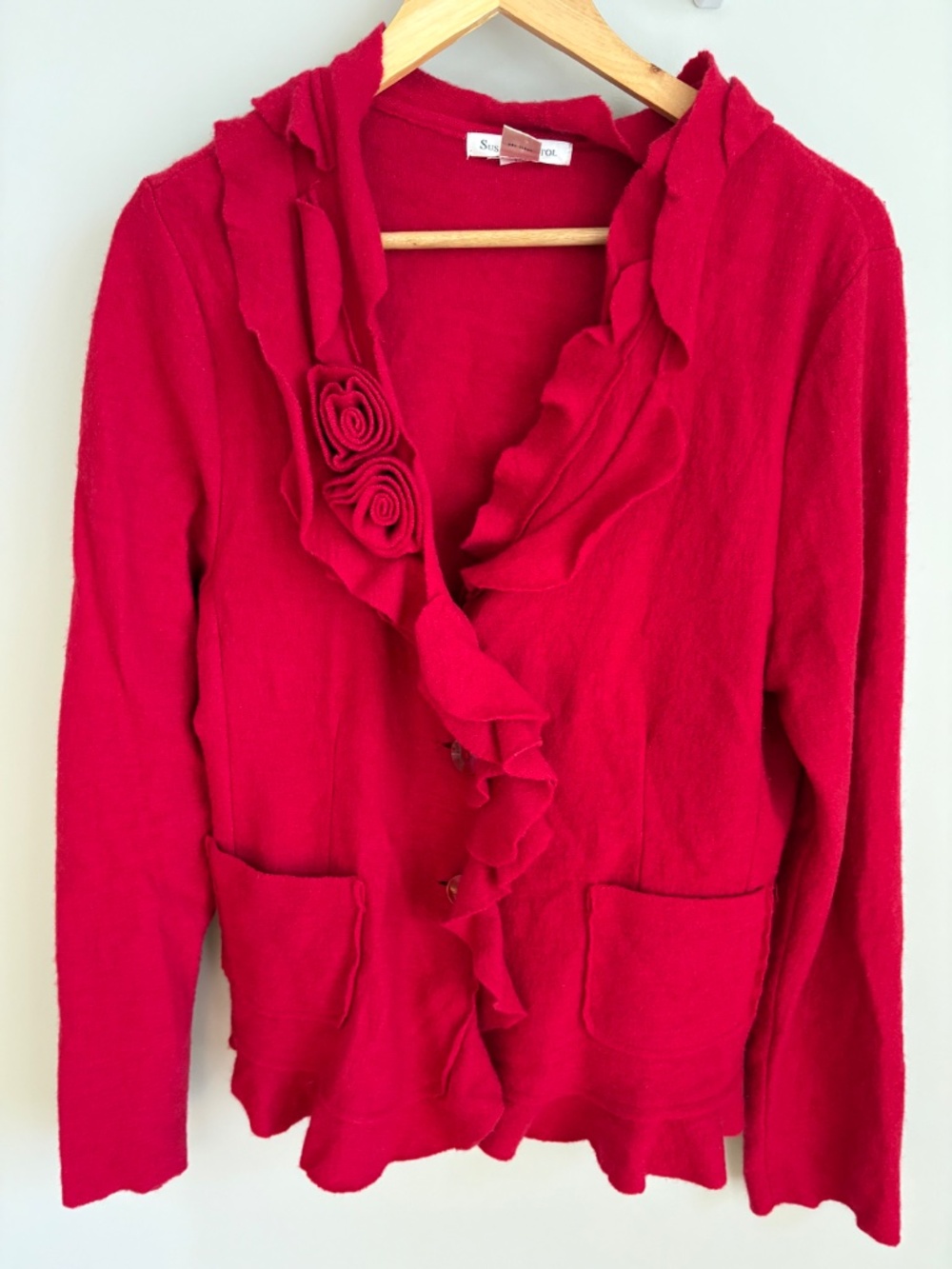 Susan Bristol Vintage Red Wool Ruffle Cardigan Romantic Rosette Accent Jacket